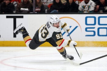 May 14, 2026; Anaheim, California, USA; Vegas Golden Knights right wing Mitch Marner (93) takes a slapshot during the third period against the Anaheim Ducks in game six of the second round of the 2026 Stanley Cup Playoffs at Honda Center. Mandatory Credit: Kiyoshi Mio-Imagn Images