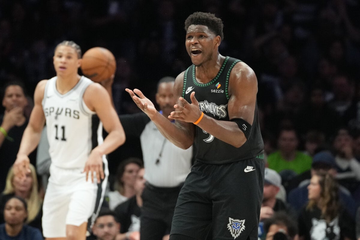 May 15, 2026; Minneapolis, Minnesota, USA; Minnesota Timberwolves guard Anthony Edwards (5) reacts to call on the court against the San Antonio Spurs in the second half during game six of the second round of the 2026 NBA Playoffs at Target Center. Mandatory Credit: Jesse Johnson-Imagn Images