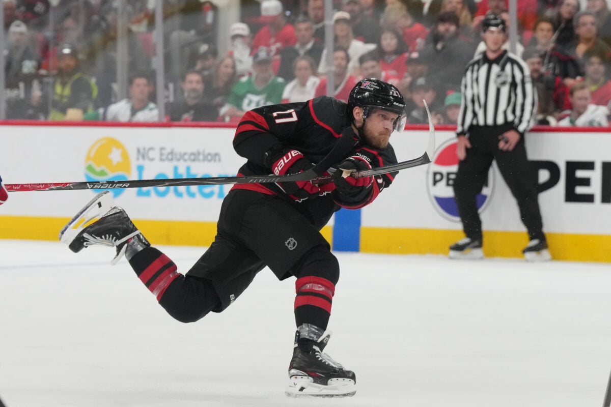 May 29, 2026; Raleigh, North Carolina, USA; Carolina Hurricanes left wing Nikolaj Ehlers (27) shoots the puck against the Montreal Canadiens in game five of the Eastern Conference Final of the 2026 Stanley Cup Playoffs during the third period at Lenovo Center. Mandatory Credit: James Guillory-Imagn Images