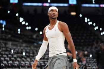May 28, 2026; San Antonio, Texas, USA; Oklahoma City Thunder guard Shai Gilgeous-Alexander (2) warms up before the start of game six of the western conference finals for the 2026 NBA playoffs at Frost Bank Center. Mandatory Credit: Dustin Safranek-Imagn Images