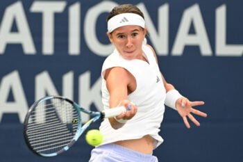 Aug 6, 2026; Toronto, Ontario, Canada;  Nikola Bartunkova (CZE) plays a shot against Amanda Anisimova (USA) during third round play at Sobeys Stadium. Mandatory Credit: Dan Hamilton-Imagn Images