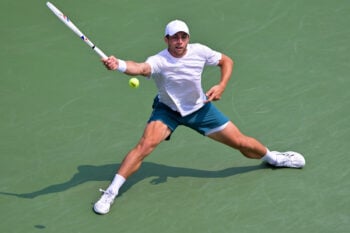 Aug 9, 2026; Montreal, QC, Canada; Tallon Griekspoor (NED) returns the ball  against Daniel Merida (ESP) during round of sixteen play at IGA Stadium. Mandatory Credit: Eric Bolte-Imagn Images