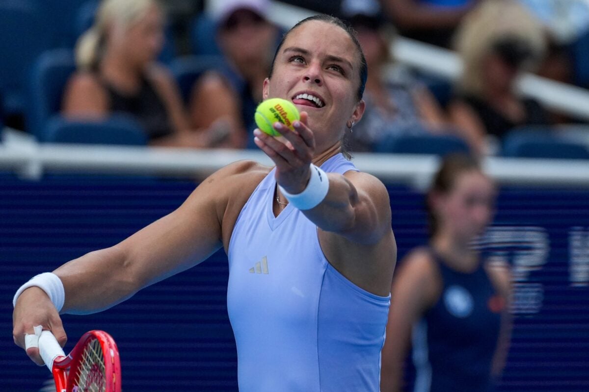 Maria Sakkari, of Greece, serves during the second set of a match between Sakkari and Iga Swiatek, of Poland, in round three of the Cincinnati Open at the Lindner Family Tennis Center in Mason, Ohio, on Monday, Aug. 17, 2026. Swiatek won in three sets, 4-6, 6-1, 6-1.