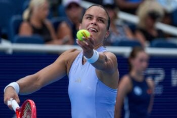 Maria Sakkari, of Greece, serves during the second set of a match between Sakkari and Iga Swiatek, of Poland, in round three of the Cincinnati Open at the Lindner Family Tennis Center in Mason, Ohio, on Monday, Aug. 17, 2026. Swiatek won in three sets, 4-6, 6-1, 6-1.