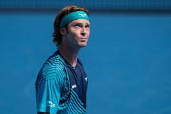Aug 18, 2026; Mason, OH, USA;  Andrey Rublev reacts after returning a shot against Nuno Borges (POR) during the Cincinnati Open at Lindner Family Tennis Center. Mandatory Credit: Aaron Doster-Imagn Images