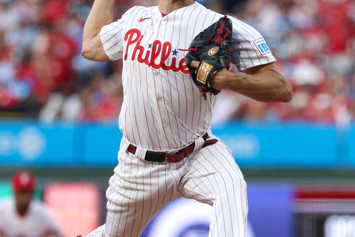 Aug 18, 2026; Philadelphia, Pennsylvania, USA; Philadelphia Phillies pitcher Zack Wheeler (45) throws a pitch against the Miami Marlins at Citizens Bank Park. Mandatory Credit: Bill Streicher-Imagn Images