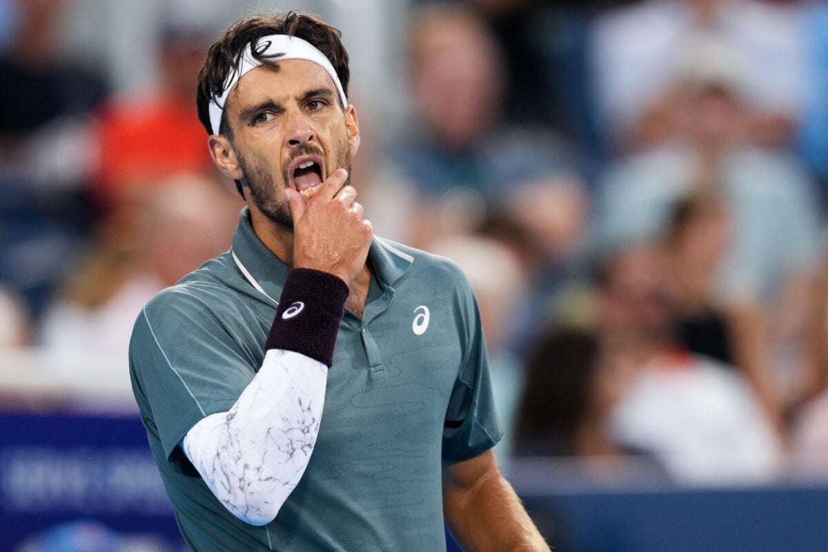 Aug 21, 2026; Mason, OH, USA; Lorenzo Musetti (ITA) reacts after returning a shot against Frances Tiafoe (USA) during the Cincinnati Open at Lindner Family Tennis Center. Mandatory Credit: Aaron Doster-Imagn Images