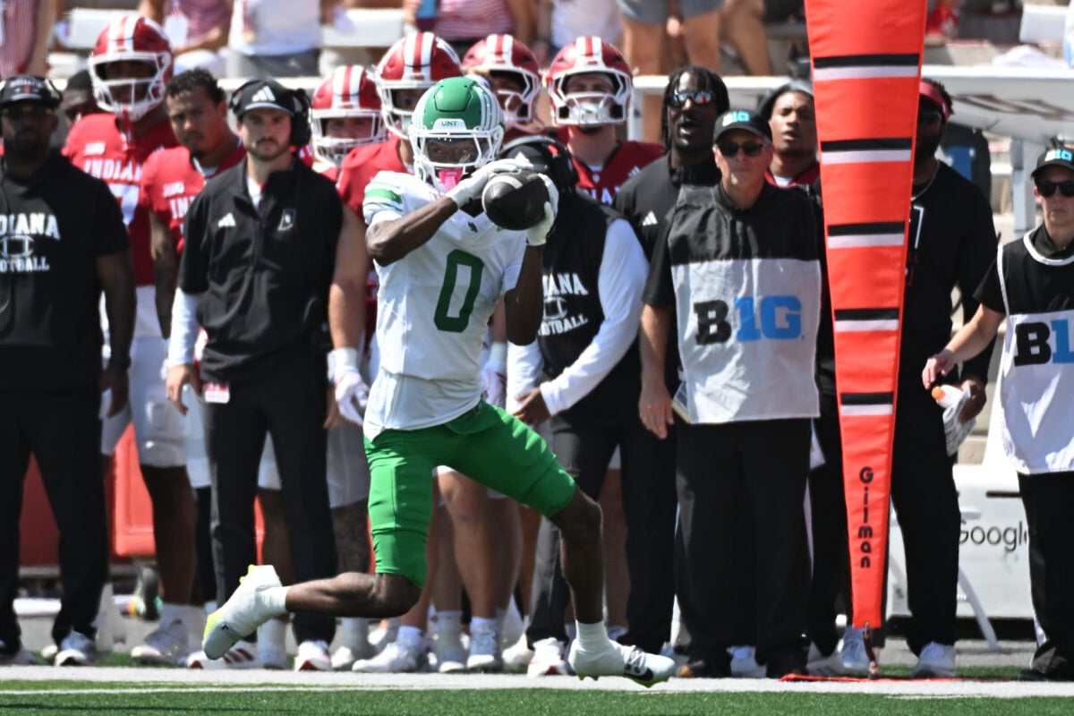 Sep 5, 2026; Bloomington, Indiana, USA; North Texas Mean Green wide receiver Corri Milliner (0) makes a catch against the Indiana Hoosiers during the second quarter at Merchants Bank Field at Memorial Stadium. Mandatory Credit: Robert Goddin-Imagn Images