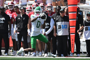 Sep 5, 2026; Bloomington, Indiana, USA;  North Texas Mean Green wide receiver Corri Milliner (0) makes a catch against the Indiana Hoosiers during the second quarter at Merchants Bank Field at Memorial Stadium.  Mandatory Credit: Robert Goddin-Imagn Images