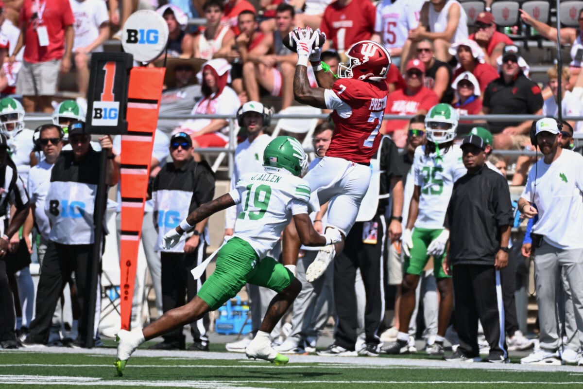 Sep 5, 2026; Bloomington, Indiana, USA; Indiana Hoosiers wide receiver Shazz Preston (7) makes the reception in front of North Texas Mean Green cornerback Jaden Allen (19) during the fourth quarter at Merchants Bank Field at Memorial Stadium. Mandatory Credit: Robert Goddin-Imagn Images