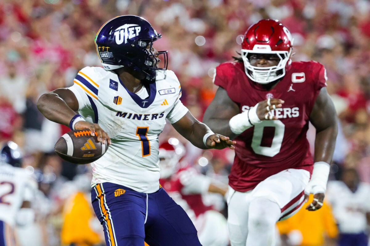 Sep 4, 2026; Norman, Oklahoma, USA;  UTEP Miners quarterback EJ Colson Jr. (1) throws as Oklahoma Sooners defensive lineman David Stone (0) chases during the game at Gaylord Family-Oklahoma Memorial Stadium. Mandatory Credit: Kevin Jairaj-Imagn Images