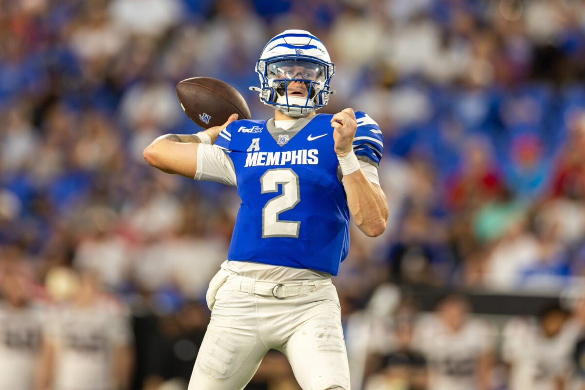 Sep 5, 2026; Memphis, Tennessee, USA; Memphis Tigers quarterback Marcus Stokes (2) throws the ball against Arkansas State during the first half at Simmons Bank Liberty Stadium. Mandatory Credit: Wesley Hale-Imagn Images