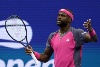 Tennis - U.S. Open - Flushing Meadows, New York, United States - September 11, 2026 Frances Tiafoe of the U.S. reacts during his semi final match against Ben Shelton of the U.S. IMAGN IMAGES via Reuters/Geoff Burke
