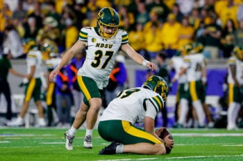 Sep 12, 2026; Colorado Springs, Colorado, USA; North Dakota State Bison kicker Drew Klein (37) kicks a field goal  on a hold from punter Aaron Bickerton (39) in the third quarter against the Air Force Falcons at Falcon Stadium. Mandatory Credit: Isaiah J. Downing-Imagn Images