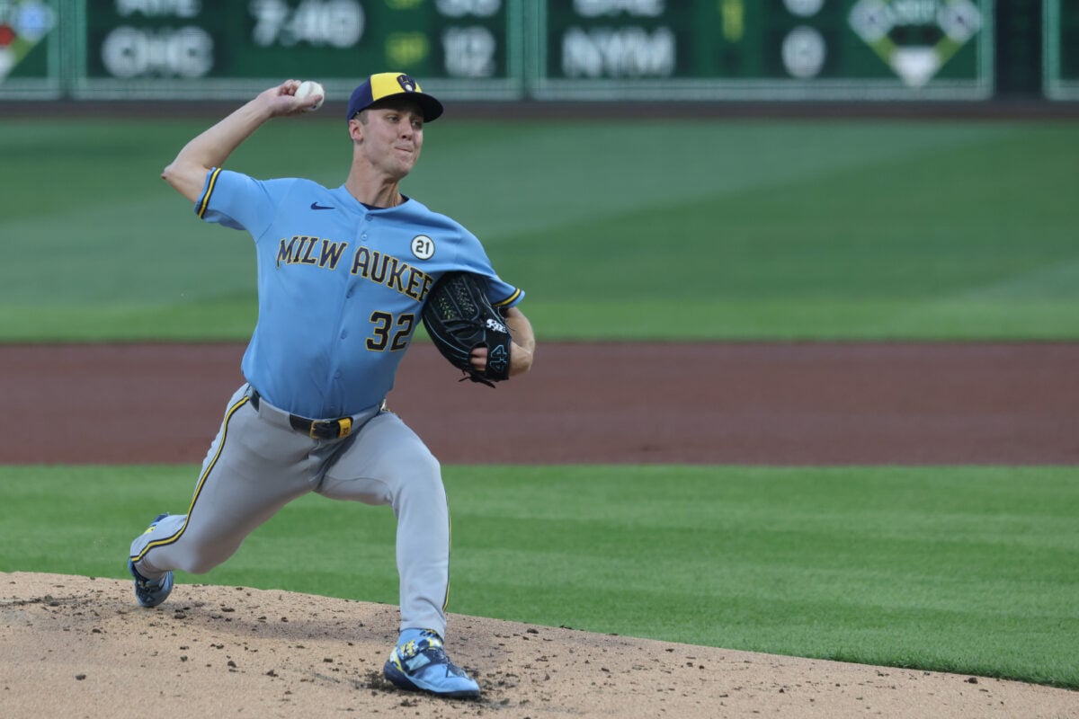 Sep 15, 2026; Pittsburgh, Pennsylvania, USA;  Milwaukee Brewers starting pitcher Jacob Misiorowski (32) delivers a pitch against the Pittsburgh Pirates during the first inning at PNC Park.  Mandatory Credit: Charles LeClaire-Imagn Images