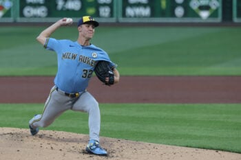 Sep 15, 2026; Pittsburgh, Pennsylvania, USA;  Milwaukee Brewers starting pitcher Jacob Misiorowski (32) delivers a pitch against the Pittsburgh Pirates during the first inning at PNC Park.  Mandatory Credit: Charles LeClaire-Imagn Images