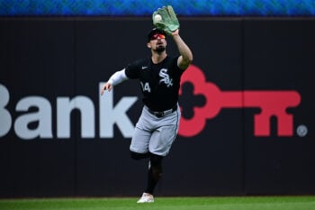 Sep 16, 2026; Cleveland, Ohio, USA;  Chicago White Sox left fielder Randal Grichuk (34) catches a ball during the fourth inning against the Cleveland Guardians at Progressive Field.  Mandatory Credit: David Dermer-Imagn Images