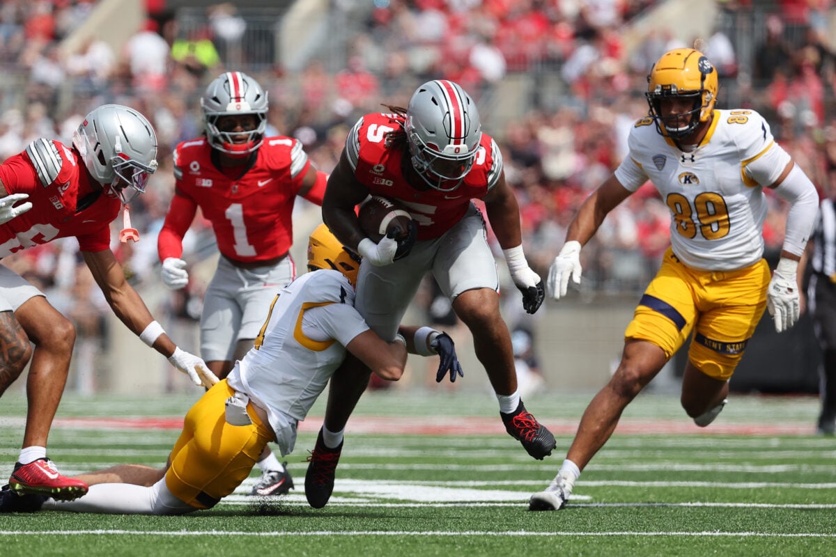 Sep 19, 2026; Columbus, Ohio, USA;  Ohio State Buckeyes linebacker Riley Pettijohn (5) runs after an interception during the second quarter against the Kent State Golden Flashes at Ohio Stadium.  Mandatory Credit: Joseph Maiorana-Imagn Images