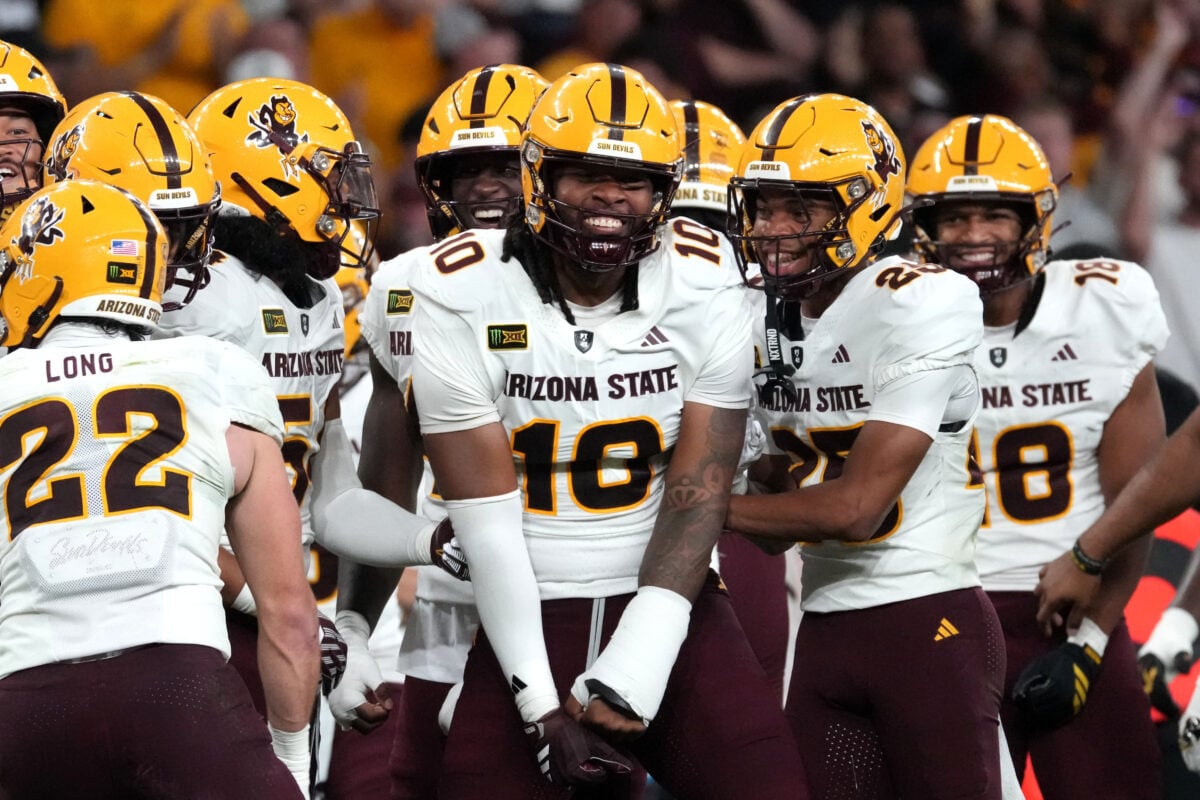 Sep 19, 2026; London, ENG;  Arizona State Sun Devils utility player Clayton Smith (10) reacts after a play against the Kansas Jayhawks during the second half at Wembley Stadium.  Mandatory Credit: Peter van den Berg-Imagn Images