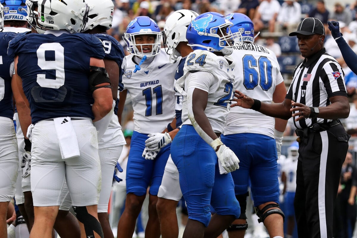 Sep 19, 2026; University Park, Pennsylvania, USA;  Buffalo Bulls running back James McNeil Jr. (24) reacts after scoring a touchdown during the fourth quarter against the Penn State Nittany Lions at West Shore Home Field at Beaver Stadium.  Mandatory Credit: Matthew O'Haren-Imagn Images