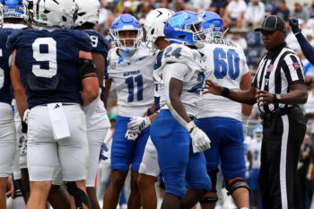 Sep 19, 2026; University Park, Pennsylvania, USA;  Buffalo Bulls running back James McNeil Jr. (24) reacts after scoring a touchdown during the fourth quarter against the Penn State Nittany Lions at West Shore Home Field at Beaver Stadium.  Mandatory Credit: Matthew O'Haren-Imagn Images