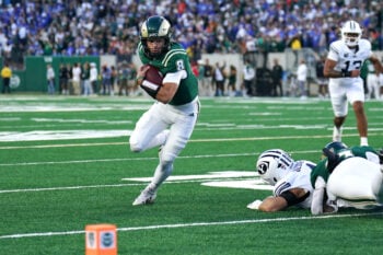 Sep 19, 2026; Fort Collins, Colorado, USA;  Colorado State Rams quarterback Hauss Hejny (8) runs the ball in their opening drive at Sonny Lubick Field at Canvas Stadium.  Mandatory Credit: Andrew Rydland-Imagn Images