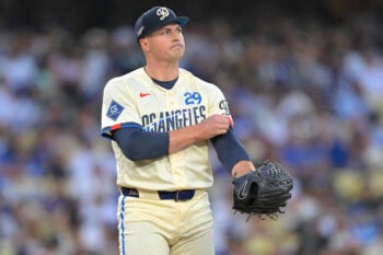 Sep 19, 2026; Los Angeles, California, USA;  Los Angeles Dodgers pitcher Tarik Skubal (29) reacts after giving up a walk to the San Francisco Giants in the during the second inning at Dodger Stadium.  Mandatory Credit: Jayne Kamin-Oncea-Imagn Images