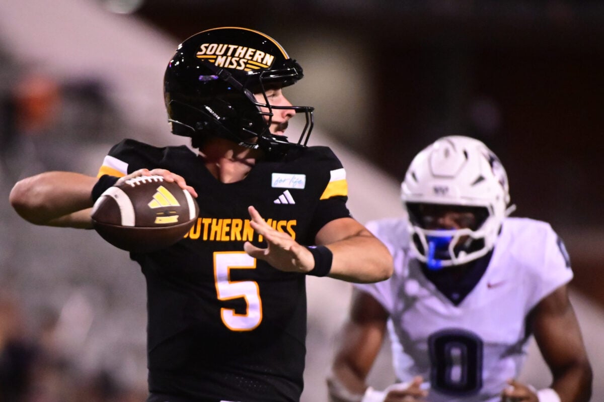 Southern Miss Golden Eagles quarterback Ethan Hampton (5) looks to pass during the college football game between the Southern Miss Golden Eagles and the UConn Huskies at Carlisle-Faulkner Field at Renasant Stadium in Hattiesburg. Photo by Matt Bush.