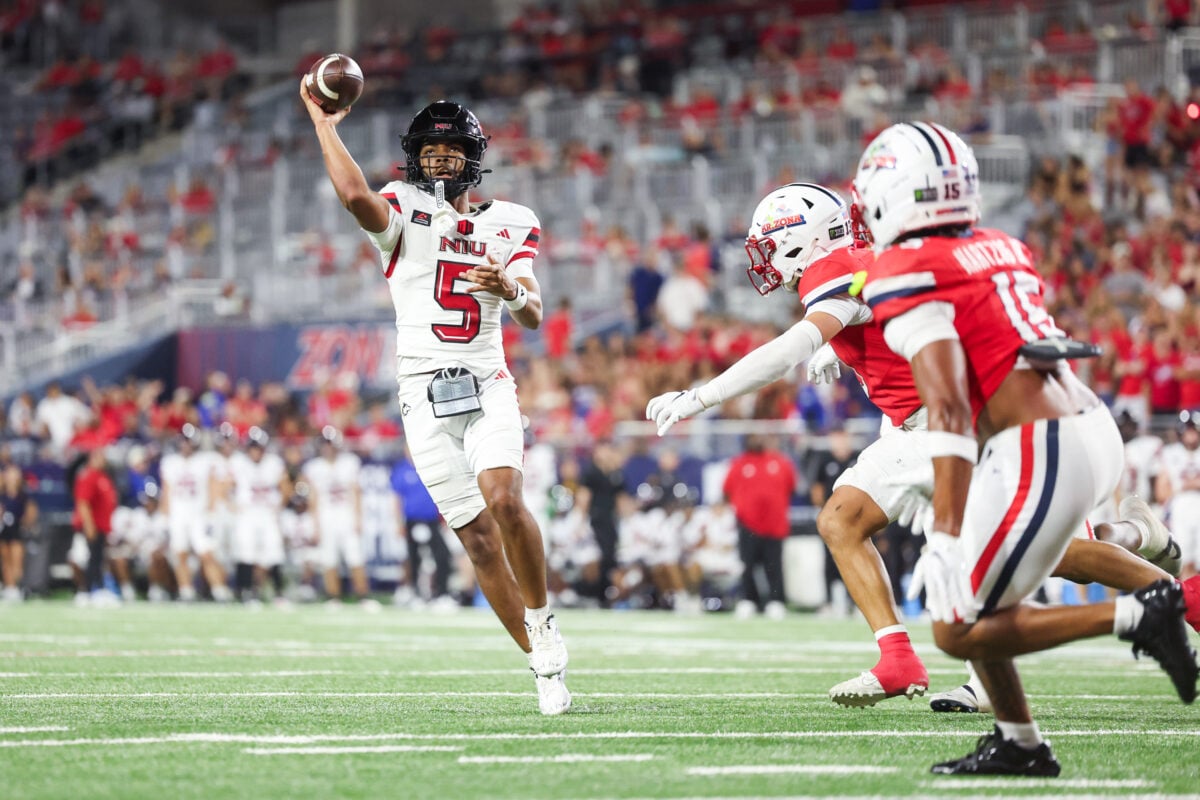 Sep 19, 2026; Tucson, Arizona, USA;  Northern Illinois Huskies quarterback Taron Dickens (5) throws the ball during the third quarter of the game against the Arizona Wildcats at Casino Del Sol Stadium.  Mandatory Credit: Aryanna Frank-Imagn Images