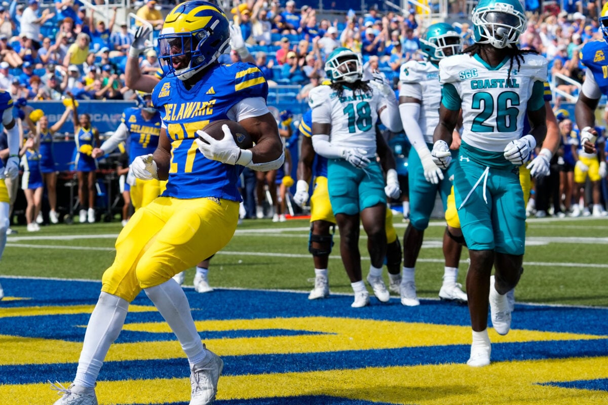 Delaware’s Jo Silver scores on a two-yard run in the Blue Hens’ 22-14 win against Coastal Carolina at Delaware Stadium on Sept. 19, 2026.