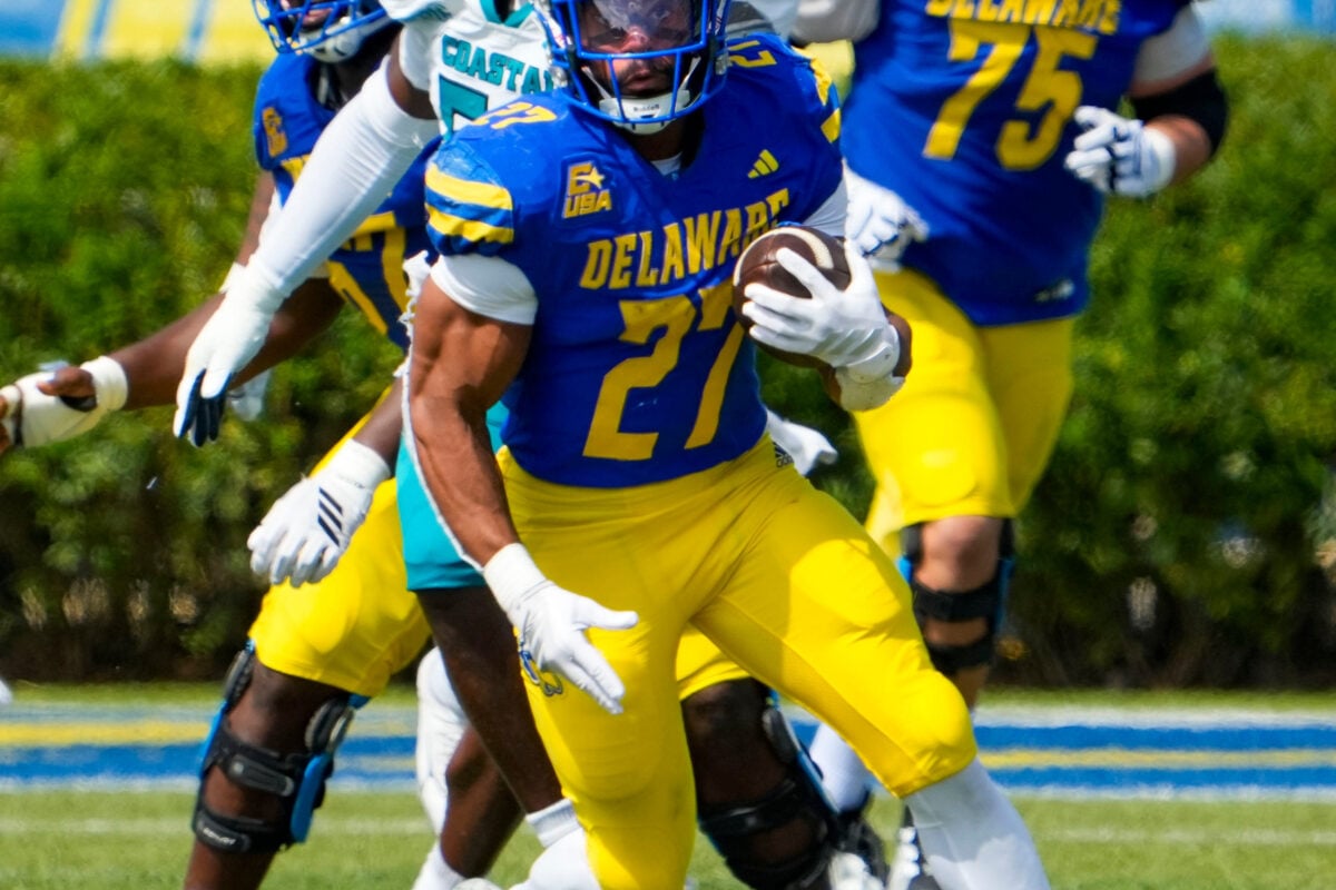 Delaware’s Jo Silver scores on a two-yard run in the Blue Hens’ 22-14 win against Coastal Carolina at Delaware Stadium on Sept. 19, 2026.