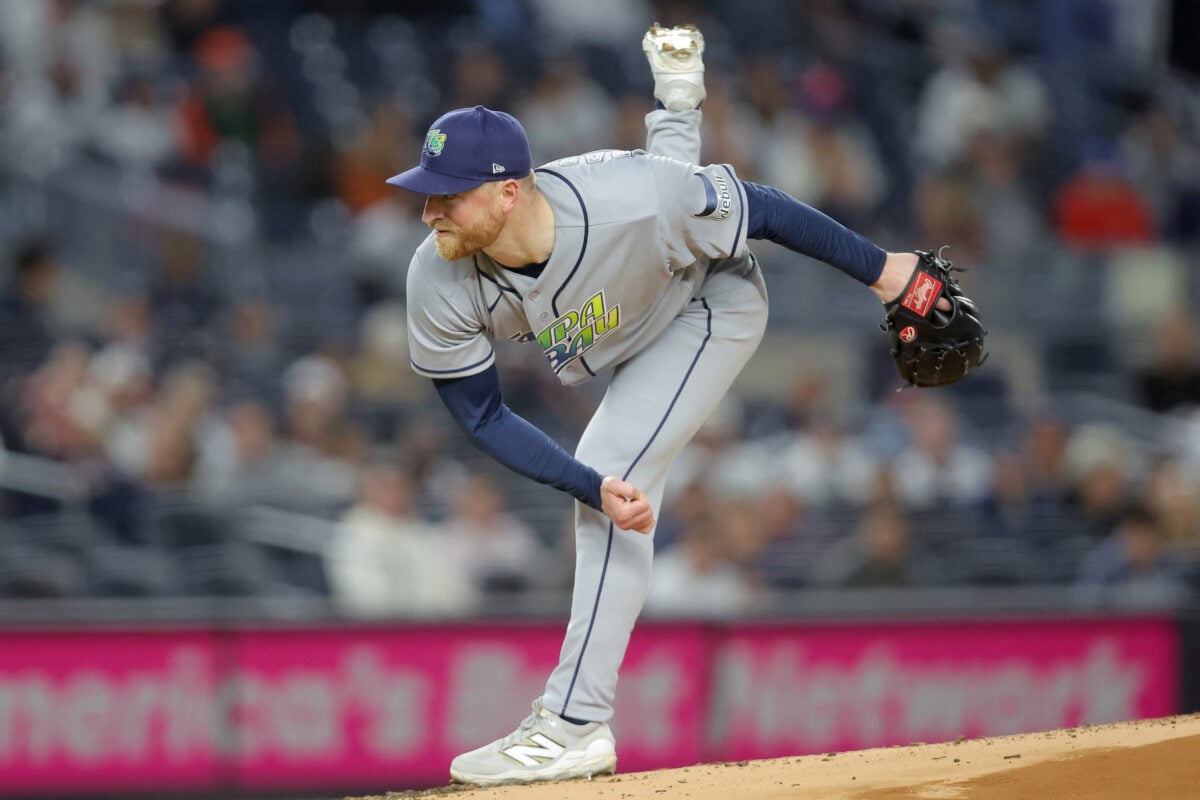 Sep 22, 2026; Bronx, New York, USA; Tampa Bay Rays starting pitcher Drew Rasmussen (57) follows through on a pitch against the New York Yankees during the first inning at Yankee Stadium. Mandatory Credit: Brad Penner-Imagn Images