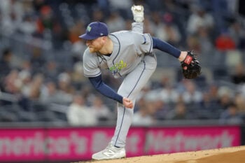 Sep 22, 2026; Bronx, New York, USA; Tampa Bay Rays starting pitcher Drew Rasmussen (57) follows through on a pitch against the New York Yankees during the first inning at Yankee Stadium. Mandatory Credit: Brad Penner-Imagn Images
