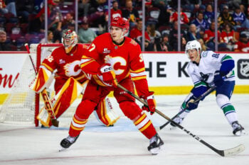 Sep 22, 2026; Calgary, Alberta, CAN; Calgary Flames defenseman Yan Kuznetsov (37) against the Vancouver Canucks during the third period at Scotiabank Saddledome. Mandatory Credit: Sergei Belski-Imagn Images