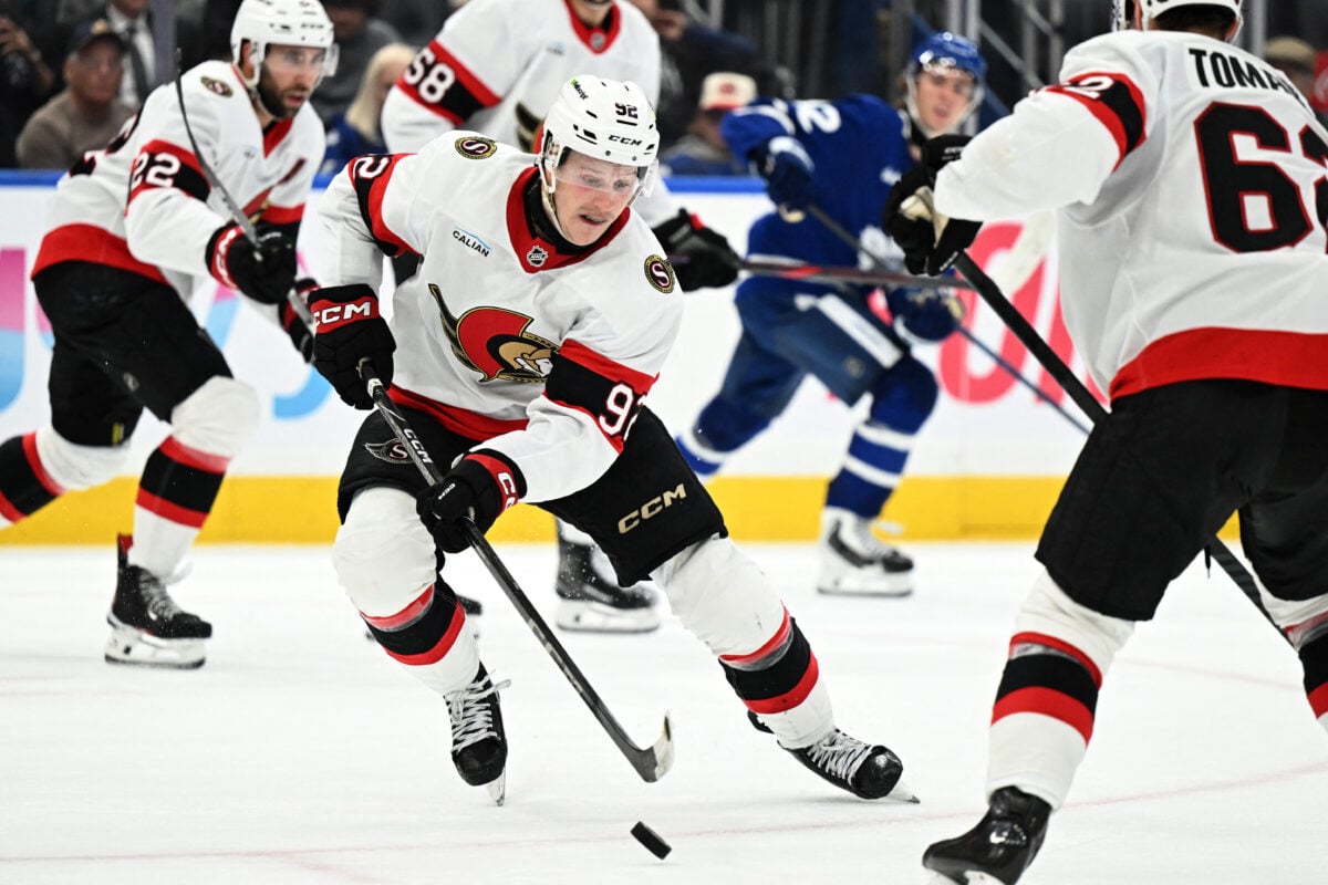 Sep 23, 2026; Toronto, Ontario, CAN;  Ottawa Senators forward Philippe Daoust (92) skates with the puck against the Toronto Maple Leafs in the third period at Scotiabank Arena.  Mandatory Credit: Dan Hamilton-Imagn Images