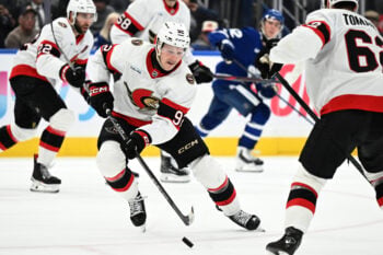 Sep 23, 2026; Toronto, Ontario, CAN;  Ottawa Senators forward Philippe Daoust (92) skates with the puck against the Toronto Maple Leafs in the third period at Scotiabank Arena.  Mandatory Credit: Dan Hamilton-Imagn Images