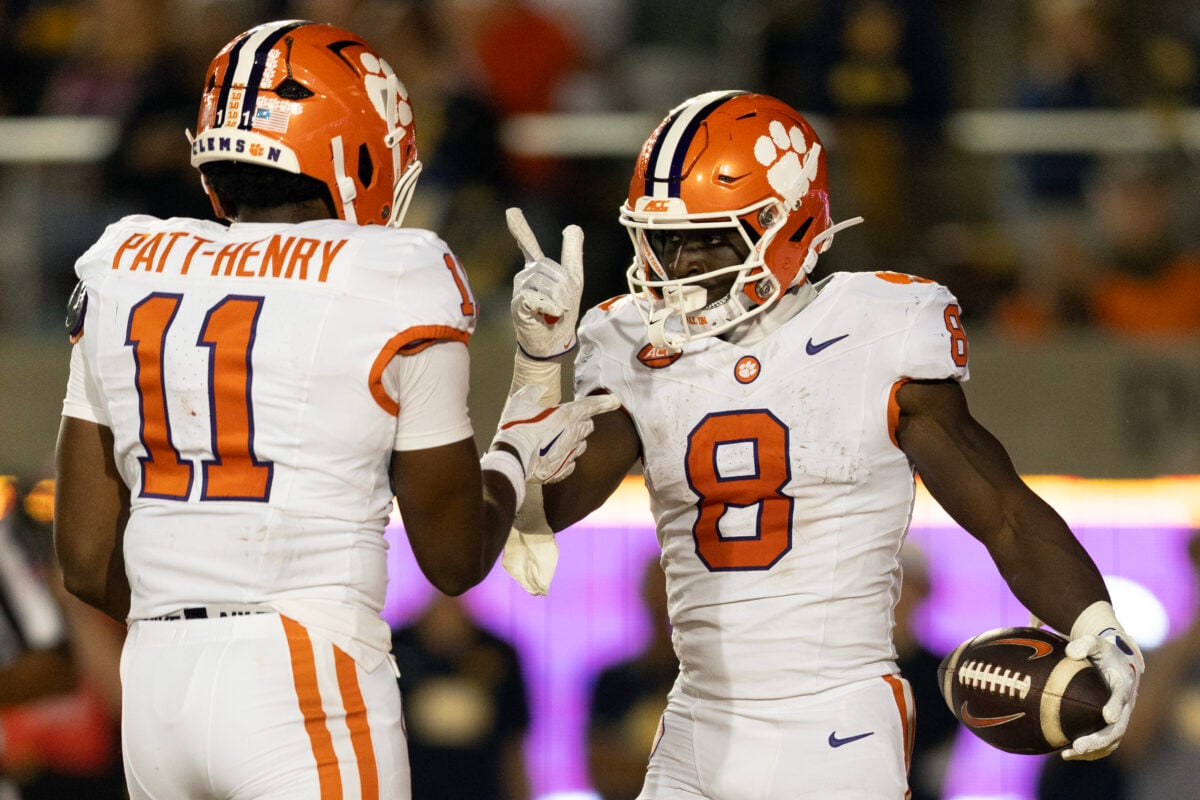 Sep 25, 2026; Berkeley, California, USA; Clemson Tigers running back Gideon Davidson (8) celebrates his one-yard touchdown run with teammate Olsen Patt-Henry (11) during the second quarter against the California Golden Bears at California Memorial Stadium. Mandatory Credit: D. Ross Cameron-Imagn Images
