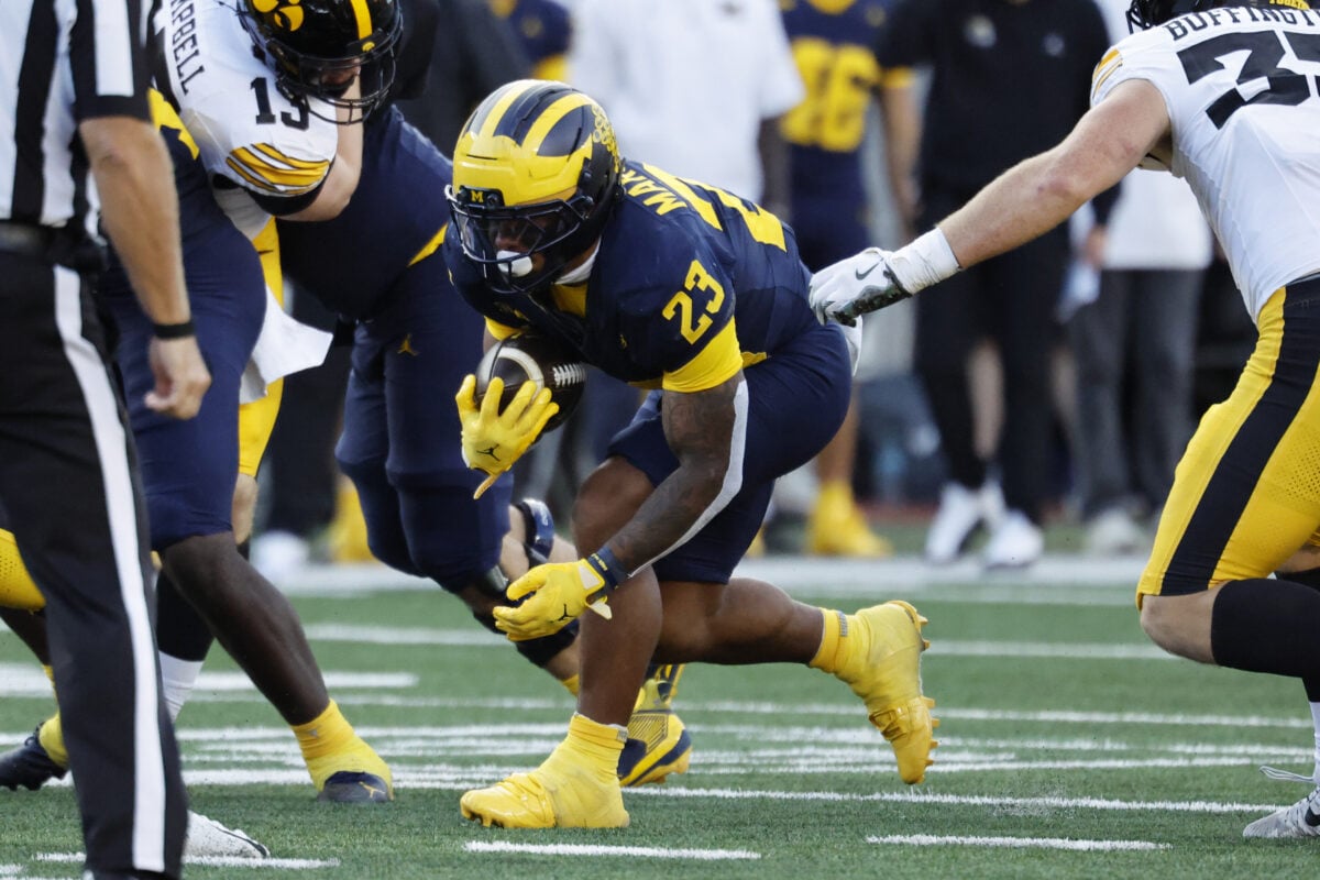Sep 26, 2026; Ann Arbor, Michigan, USA;  Michigan Wolverines running back Jordan Marshall (23) runs against the Iowa Hawkeyes during the second half at Michigan Stadium.  Mandatory Credit: Rick Osentoski-Imagn Images