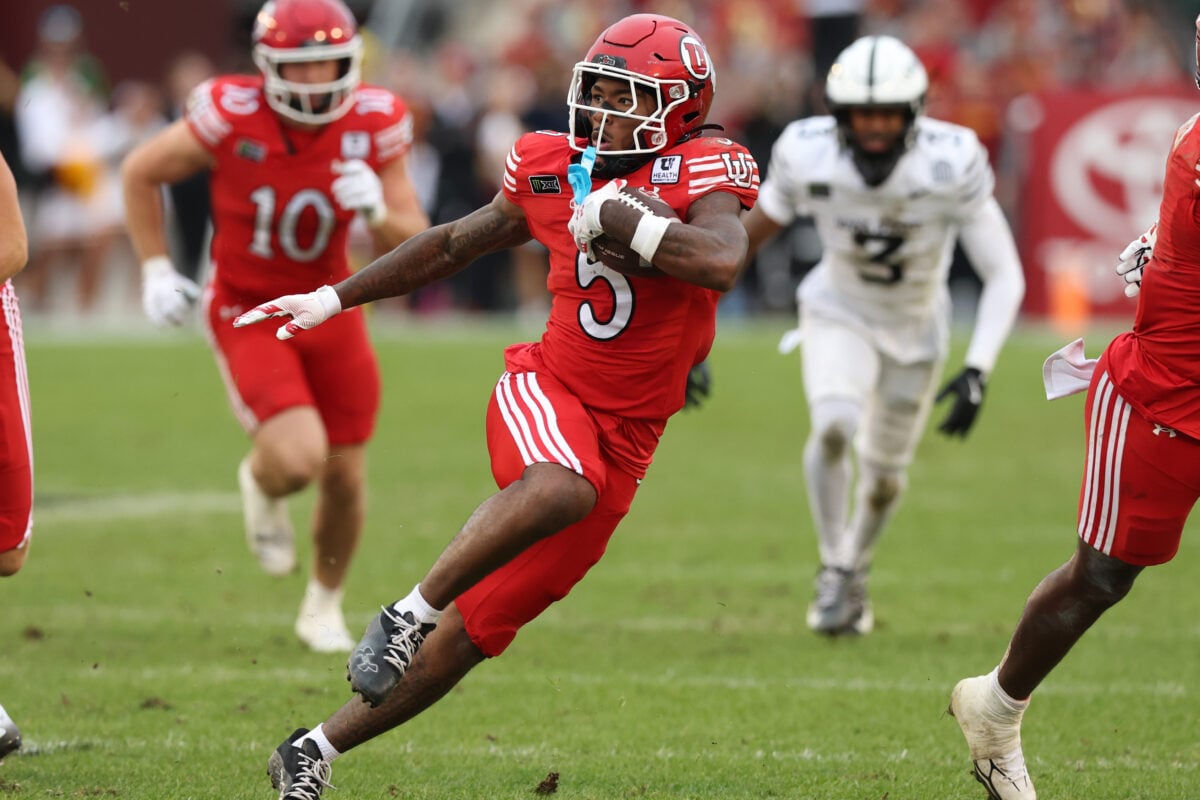 Sep 26, 2026; Ames, Iowa, USA; Utah Utes running back Daniel Bray (5) runs for a first down against the Iowa State Cyclones during the second half at Jack Trice Stadium. Mandatory Credit: Reese Strickland-Imagn Images