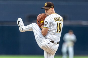Sep 26, 2026; San Diego, California, USA;  San Diego Padres starting pitcher Walker Buehler (10) throws a pitch during the first inning against the Arizona Diamondbacks at Petco Park.  Mandatory Credit: David Frerker-Imagn Images