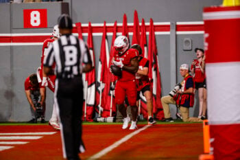 Sep 26, 2026; Raleigh, North Carolina, USA;  NC State Wolfpack running back Jayden Scott (1) celebrates a touchdown during the first half of the game against App State Mountaineers at Carter-Finley Stadium.  Mandatory Credit: Jaylynn Nash-Imagn Images