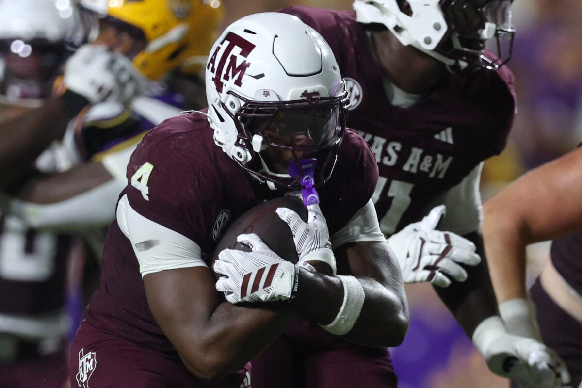 Sep 26, 2026; Baton Rouge, Louisiana, USA; Texas A&M Aggies running back Rueben Owens II (4) runs the ball during the second quarter against the LSU Tigers at Tiger Stadium. Mandatory Credit: Stephen Lew-Imagn Images