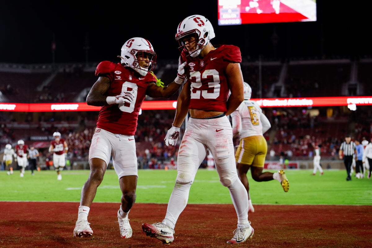 Sep 26, 2026; Stanford, California, USA; Stanford Cardinal wide receiver Nico Brown (23) celebrates after scoring a touchdown during the third quarter at Stanford Stadium. Mandatory Credit: Sergio Estrada-Imagn Images