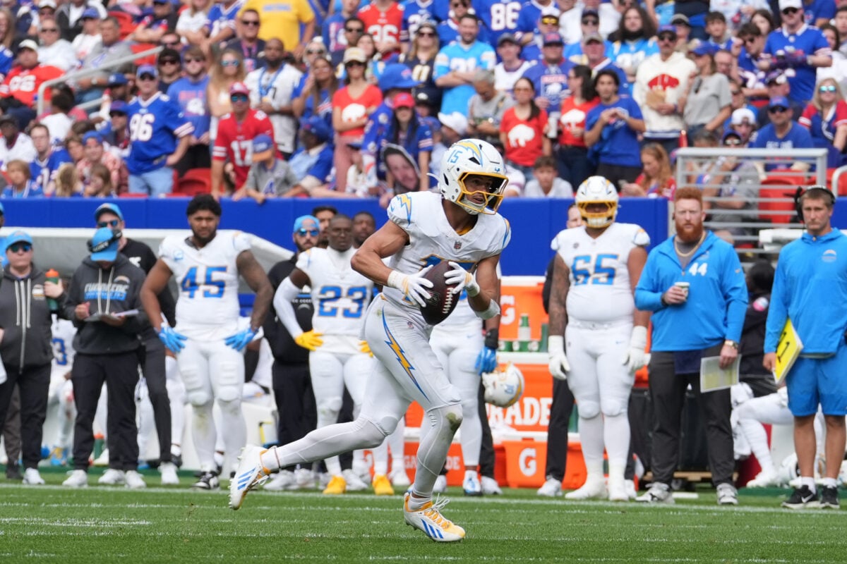 Sep 27, 2026; Orchard Park, New York, USA;  Los Angeles Chargers wide receiver Ladd McConkey (15) runs with the ball in the second half against the Buffalo Bills at New Highmark Stadium.  Mandatory Credit: Gregory Fisher-Imagn Images