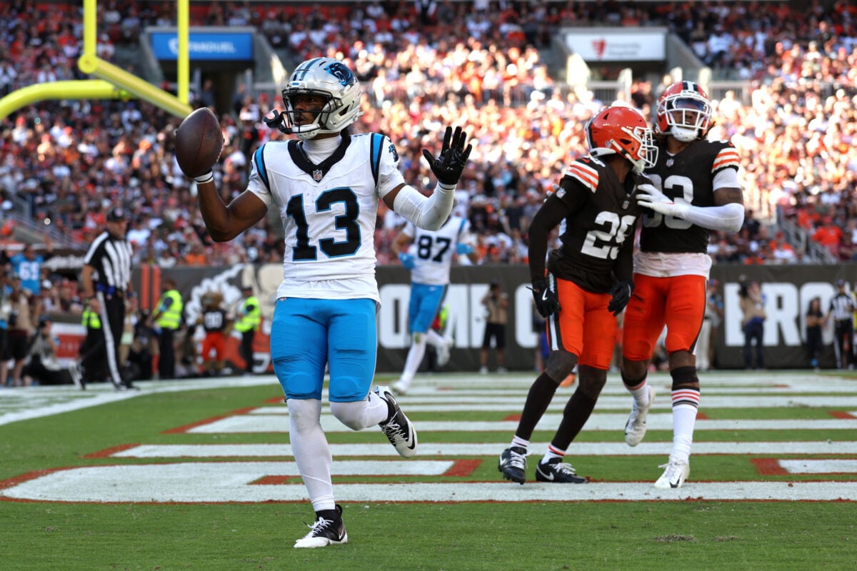 Sep 27, 2026; Cleveland, Ohio, USA; Carolina Panthers wide receiver John Metchie III (13) celebrates after scoring a touchdown against the Cleveland Browns during the fourth quarter at Huntington Bank Field. Mandatory Credit: Scott Galvin-Imagn Images