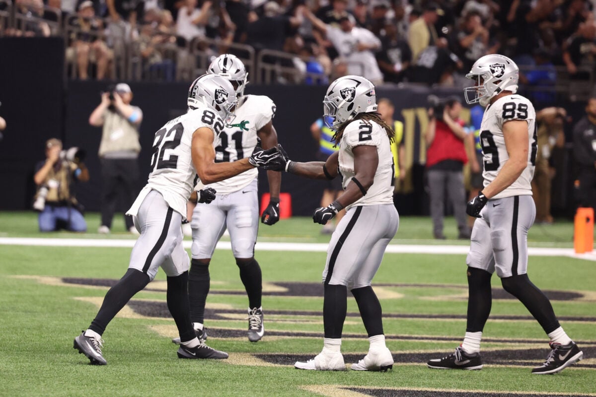 Sep 27, 2026; New Orleans, Louisiana, USA; Las Vegas Raiders wide receiver Cody White (82) celebrates a touchdown with running back Ashton Jeanty (2) in the fourth quarter against the New Orleans Saints at Caesars Superdome. Mandatory Credit: Stephen Lew-Imagn Images