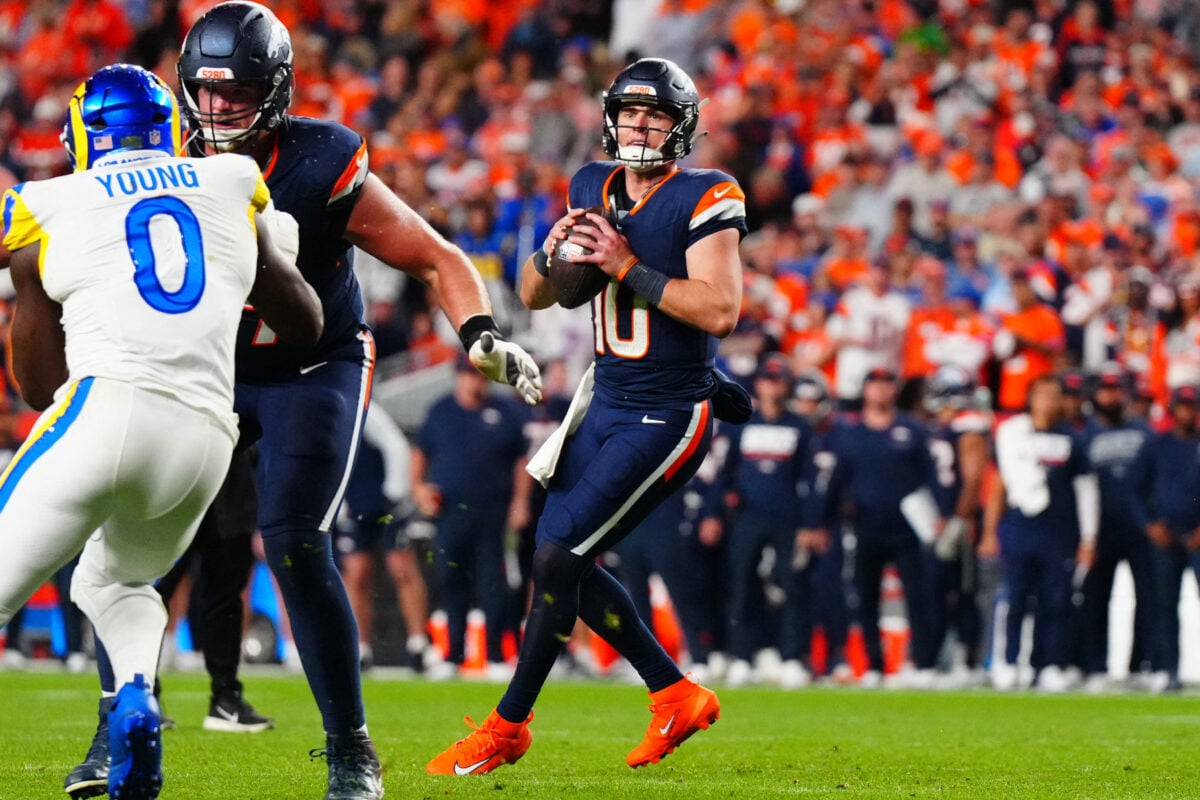 Sep 27, 2026; Denver, Colorado, USA; Denver Broncos quarterback Bo Nix (10) looks to pass against the Los Angeles Rams during the second half at Empower Field at Mile High. Mandatory Credit: Ron Chenoy-Imagn Images