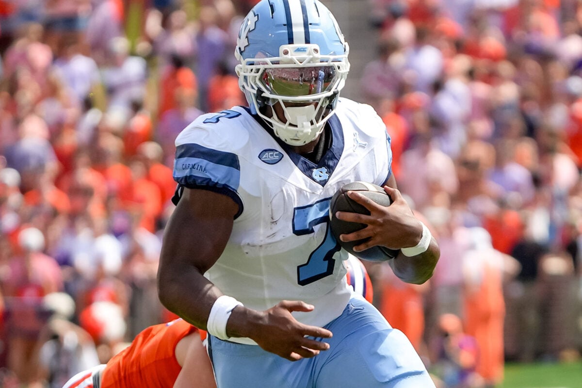 University of North Carolina running back Benjamin Hall (7) runs during the first quarter at Memorial Stadium in Clemson, S.C. Saturday, September 19, 2026.