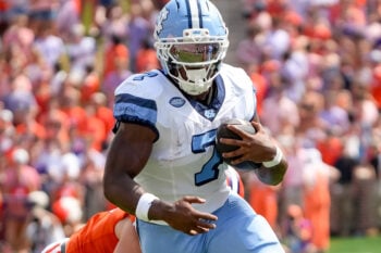 University of North Carolina running back Benjamin Hall (7) runs during the first quarter at Memorial Stadium in Clemson, S.C. Saturday, September 19, 2026.