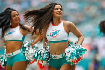 Sep 27, 2026; Miami Gardens, Florida, USA; Miami Dolphins cheerleaders entertain fans during a game against the Kansas City Chiefs at Hard Rock Stadium. Mandatory Credit: Nathan Ray Seebeck-Imagn Images